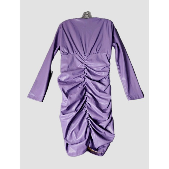 NWT Zara Purple Faux Leather Long Sleeve V Neck Body Con Ruched Dress‎ Size XL - Picture 2 of 14